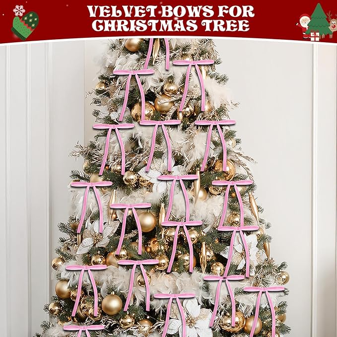 24 Pcs Pink Velvet Bows for Christmas Tree, Elegant Christmas Tree Bows, 5x7 Inch Pre-Tied Ribbon Bows for Wreaths, Gifts, and Holiday Décor, Velvet Bow Ornaments for Xmas Trees