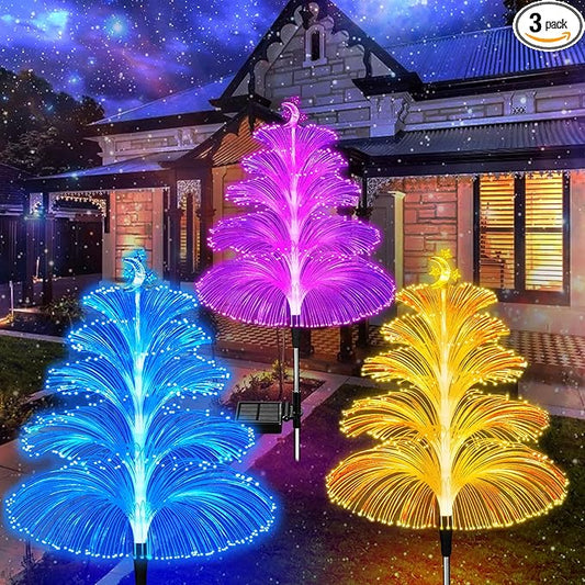Solar Christmas Tree Lights Decorations Outdoor Waterproof 5 Layer Optical Fiber 7 Color Changing for Yard Pathway Outside Decorative Gifts Christmas, 3 Pack