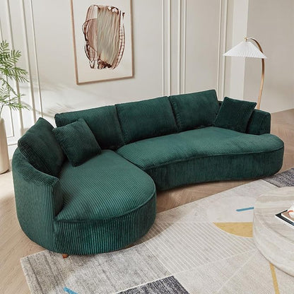 122'' Modern Curved Cloud Sofa Luxury Living Room 5 Seater Sectional Sofa Curve Design Comfortable Upholstered Sofas with Toffee Chair for Living Room Bedroom Apartment(Corduroy+Left Facing, Green)
