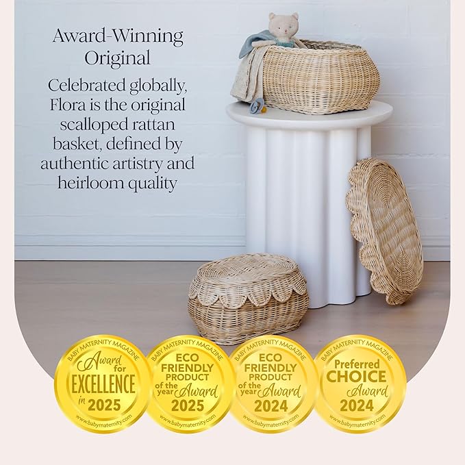 BEBE BASK The Original Scalloped Basket Set Of 2 – Small Scallop Basket - 15 x 10 x 6 In - Hand-Woven & Award-Winning - Elegant Wicker With Scalloped Edge Lid - Nursery Storage - (Natural)