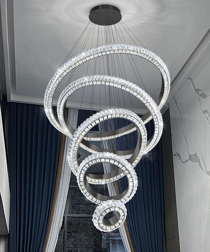 5 Ring Large Crystal Chandelier Modern LED Dimmable High Ceiling Chandelier Ring Contemporary Pendant Light Fixture for Living Room Foyer Staircase Gold D40''