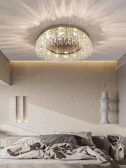 Modern Crystal Chandelier 20 inch Round Raindrop Crystal Chandeliers Flush Mount Chandelier Chrome Silver Ceiling Light Fixture for Living Room Dining Room Bedroom