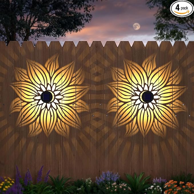 Solar Fence Lights 4 Pack Solar Deck Lamps Outdoor Decorations Powered Step Lights Wall Waterproof LED Warm Decorative Lighting for Garden (Flower, 4)