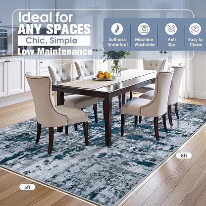5x8 Area Rugs for Living Room Rug Washable: Abstract Rug for Dining Room Bedroom Carpet Non Slip 5 by 8 Indoor Modern Nursery Home Office Navy Grey