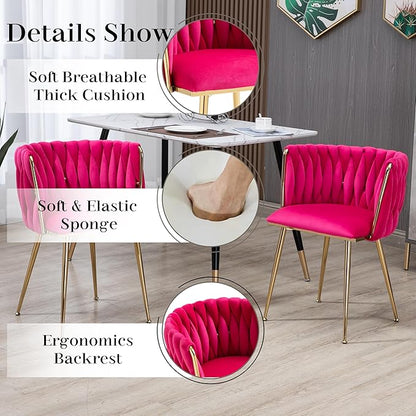 Gold Round Glass Dining Table Set for 4, 47'' Clear Minimalist Circular Dinner Table Set, 5 PCS Modern Luxury Circle Kitchen Table and Rose Red Woven Chairs Set, for Large Apartment Home