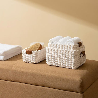 LA JOLIE MUSE Woven Storage Baskets for Organizing, Recycled Paper Rope Basket Bin Divider for Makeup Towel Shelf Cupboards Drawer, Decorative White Storage Basket Set of 3