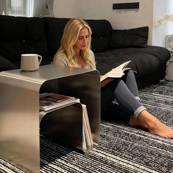 Modern Stainless Steel Side Table,Minimalist Nightstand and Sofa Table Silver Metal End Table Elegant Small Coffee Table for Bedroom Desktop Bookshelf Magazine Rack Multi-Functional Organizer