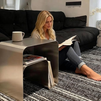 Modern Stainless Steel Side Table,Minimalist Nightstand and Sofa Table Silver Metal End Table Elegant Small Coffee Table for Bedroom Desktop Bookshelf Magazine Rack Multi-Functional Organizer