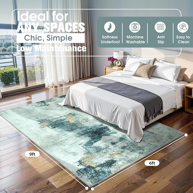 6x9 Area Rugs for Living Room Rug Washable: Abstract Rug for Dining Room Bedroom Carpet Non Slip 6 by 9 Indoor Modern Nursery Home Office Teal Grey Gold