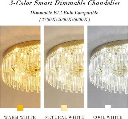 24in Gold Crystal Chandeliers Flush Mount Ceiling Light, 8 Lights Modern Crystal Ceiling Light, Large Round Chandelier Lighting Fixture for Dining Room Living Room Bedroom Kitchen