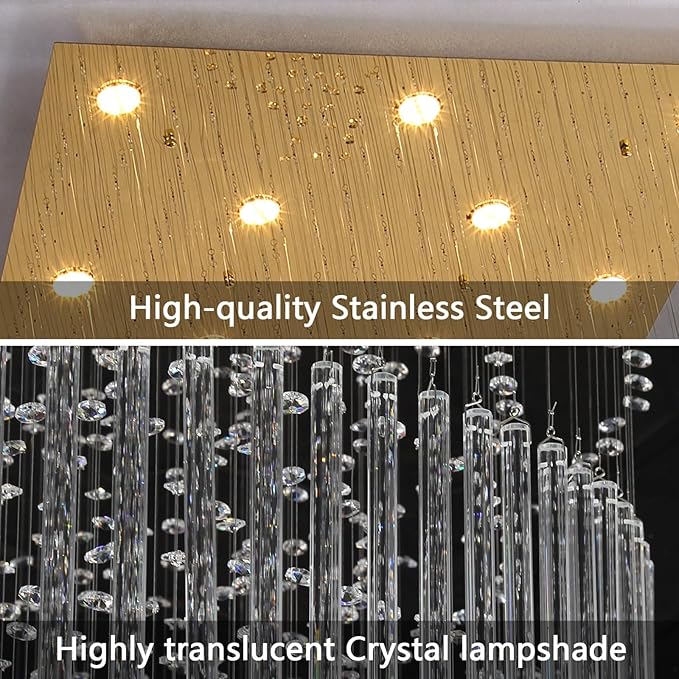 W40 x H120 Glam Chandelier with LED Bulbs Square Chandeliers, Crystal Raindrop High Ceiling Pendant Light for Entrance Large Villa Foyer Lighting Fixtures Gold