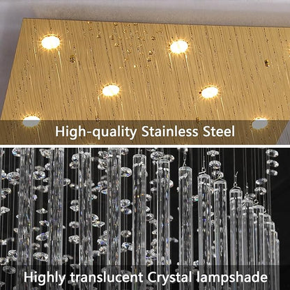 W40 x H120 Glam Chandelier with LED Bulbs Square Chandeliers, Crystal Raindrop High Ceiling Pendant Light for Entrance Large Villa Foyer Lighting Fixtures Gold