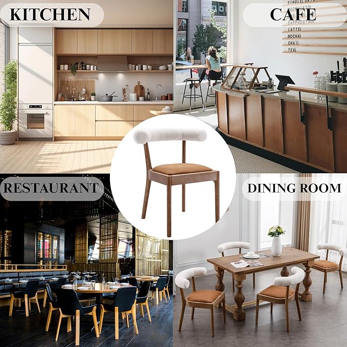 Wood Dining Chairs Set of 6, Mid Century Modern Living Room Chairs with Unique Curved Sherpa Open Back Comfy PU Upholstered Side Chair for Kitchen/Restaurant/Reception, Brown
