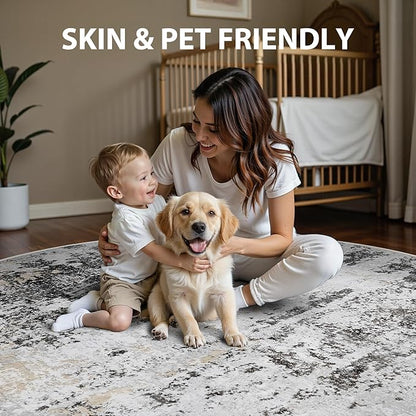 Round Rug 6ft Circle Rug Washable: Carpet Small Circular Area Rug for Entryway Kitchen Bedroom Dining Room Living Room 6 Feet Abstract College Dorm Non Slip Low Pile Black Grey Gold