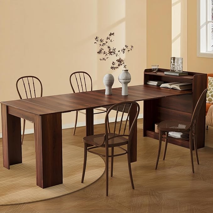 21''- 98.43'' Extendable Dining Room Table, Expandable Dining Table, Modern Large Table, for 2-9 Person(with Shelf), Walnut Brown
