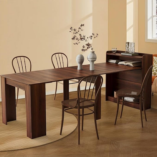 21''- 98.43'' Extendable Dining Room Table, Expandable Dining Table, Modern Large Table, for 2-9 Person(with Shelf), Walnut Brown