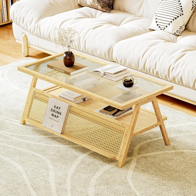 Bamworld Coffee Table with Storage Mid-Century Modern Coffee Table Boho BambooTable with Glass Top for Living Room Office