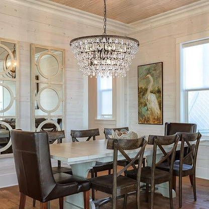 Vintage Crystal Chandeliers for Dining Room Light Fixture, 9-Light 5-Tier Antique Bronze Chandelier for Kitchen Island Bar Living Room Foyer Entryway, D28'' xH17''
