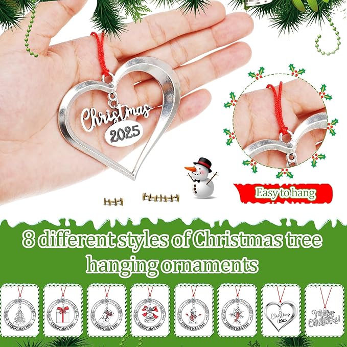 Zhengmy 8 Pieces Christmas Ornaments 2025 Solid Pewter Christmas Tree Ornament Metal Gnomes Santa Angel Snowman Hanging Craft Xmas Gifts with Red Bags(Novelty)