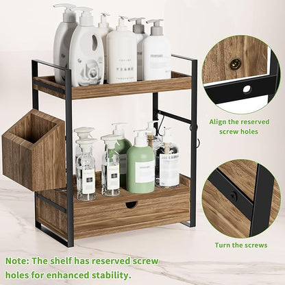 2-Tier Bathroom Counter Organizer with Drawer and Basket, Wood Countertop Organizer for Storage, Skincare Organizers for Vanity, Counter Shelf for Bathroom Organization(Dark Brown)