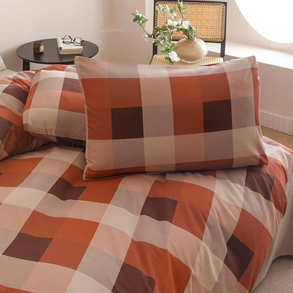 CLOTHKNOW Plaid Queen Comforter Set Gingham Buffalo Bedding Comforter Sets Rust Brown Khaki Geometric Comforter Queen Sets with 2 x Pillow Cases