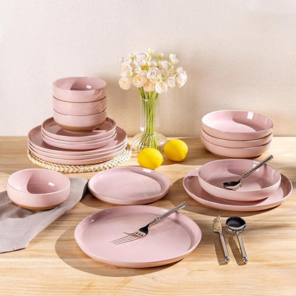 AmorArc Ceramic Dinnerware Sets for 6, 18 Pieces Handpainted Speckled Plates and Bowls Set with Rustic Terracotta Underside, Scratch Resistant Stoneware Dishes Set, Dishwasher & Microwave Safe, Pink