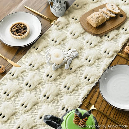 Artoid Mode Beige Ghost Soft Plush Faux Fur Jacquard Halloween Table Runner, Holiday Kitchen Dining Table Decoration for Home Party Decor 13x36 Inch