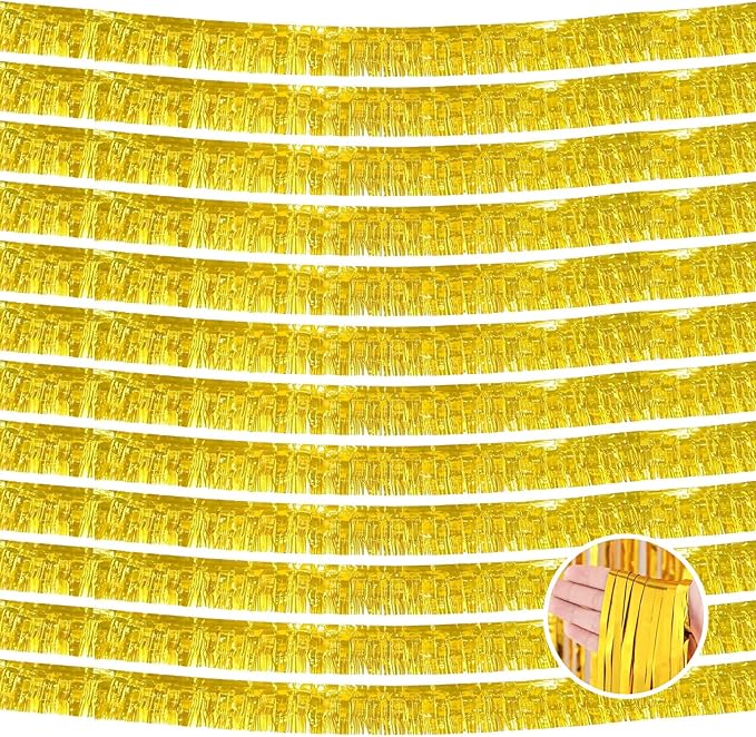 12 Pack 10 Feet Metallic Foil Fringe Garland Tinsel Streamers Banner, Gold Wall Hanging Tinsel Fringe Banners for Parade Floats, Wedding, Birthday, Christmas, New Year Party Decorations