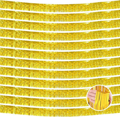 12 Pack 10 Feet Metallic Foil Fringe Garland Tinsel Streamers Banner, Gold Wall Hanging Tinsel Fringe Banners for Parade Floats, Wedding, Birthday, Christmas, New Year Party Decorations