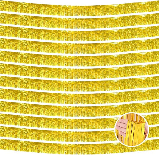 12 Pack 10 Feet Metallic Foil Fringe Garland Tinsel Streamers Banner, Gold Wall Hanging Tinsel Fringe Banners for Parade Floats, Wedding, Birthday, Christmas, New Year Party Decorations
