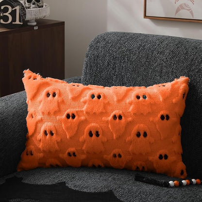 DFXSZ Halloween Pillow Covers 12x20 inch Set of 2 Orange Ghost Throw Pillow Cases Soft Plush Faux Fur Wool Cushion Case for Chair Bedroom Living Room Home Decor PTK03C12