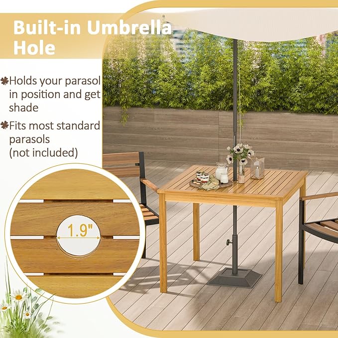 Tangkula Square Outdoor Dining Table, 4-Person Acacia Wood Dining Table with 1.9” Umbrella Hole, Farmhouse Patio Bistro Table, Indoor Outdoor Dining Furniture for Yard Deck Lawn