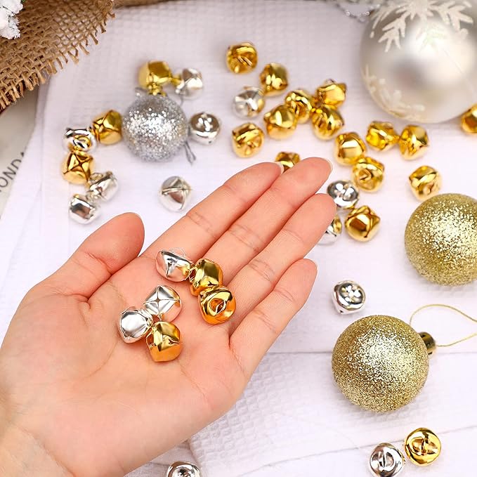 Augshy 200 Pieces Jingle Bells 3/5Inch Craft Bell Bulk for Christmas Home and Pet Decorations Xmas Decor Party Favors Supplies (Gold and Silver)