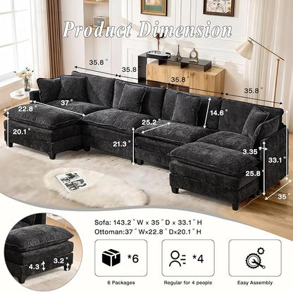 SoarFlash 143.2" Chenille Sectional Sofa, Comfy U Shaped Modular Coush Sofa with Ottoman, Modern 4 Seat Couch Deep Seat Sofa Set for Living Room,Black