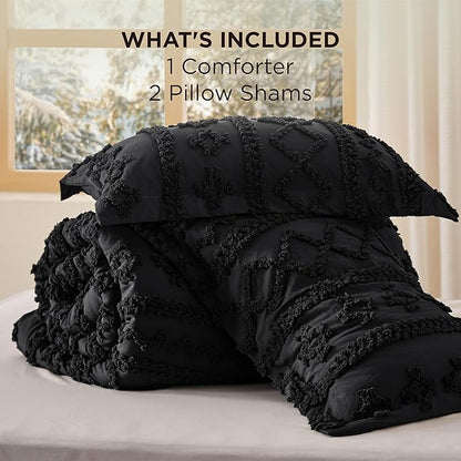 Bedsure Tufted Boho Comforter Set Queen Size - Black Boho Bed Set, GentleSoft™ 3 Pieces Farmhouse Shabby Chic Embroidery Bedding, Gifts for Woman, Soft Jacquard Queen Comforter for All Seasons