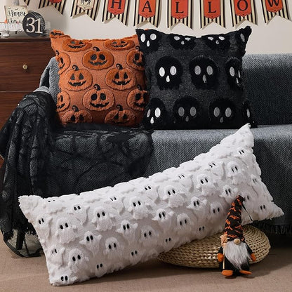 DFXSZ Halloween Pillow Covers 14x36 inch White Ghost Throw Pillow Cases Soft Plush Faux Fur Wool Cushion Case for Chair Bedroom Living Room Home Decor PTK03A14