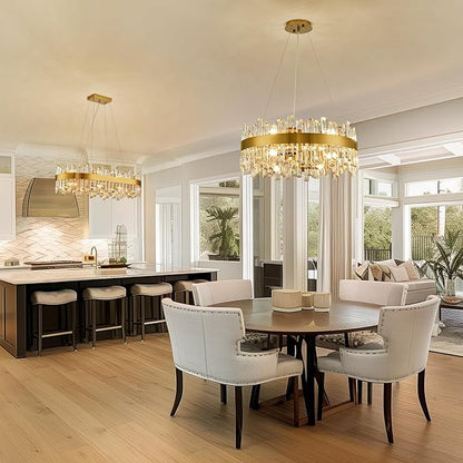 Siljoy Modern Crystal Chandelier 12-Light Brushed Gold 2-Tiers Crystal Raindrop Chandelier Adjustable Flush Mount Pendant Ceiling Light Fixture for Dining Living Room Foyer Entryway D23.6''