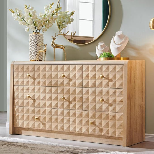 Modern 8 Drawer Dresser for Bedroom, Wooden Large Dressers &Chests of Drawers w/2 Different Drawer Sizes, Mid Century Modern Dresser w/Diamond Panel Decorate for Bedroom, Curved Profile Design,Natural