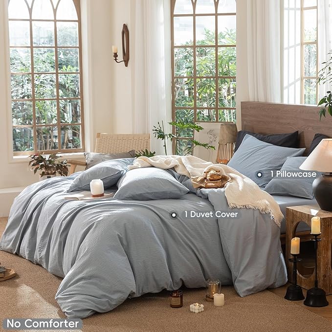 MooMee Wavy Striped Duvet Cover Set 100% Washed Cotton Linen Like Textured Breathable Durable Soft Comfy (Cornflower Blue, Twin 68"x90")