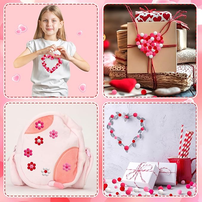 UPINS Valentine's Day Pom Poms Balls, 600 Pieces Pink Red Pom Poms Mixed Sizes Pompoms for Crafts Making DIY Wedding Valentine's Day Party Decorations Supplies (4 Colors)
