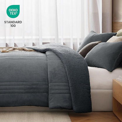 Monbix Fluffy Queen Comforter Set Blue Grey, Sherpa Plush Fuzzy Comforter 3 Piece for Queen Size Bed, Luxury Soft Winter Warm Bedding Set