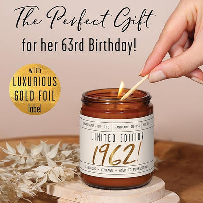 63rd Birthday Gifts for Women - 'Limited Edition 1962' Soy Candle, w/Champagne on Ice I 63 Birthday Gifts for Women I 63rd Gift for Her Ideas I 9oz Reusable Jar, 50Hr Burn, Made in USA