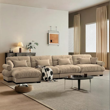 SoarFlash 166" Sectional Couches for Living Room, L Shaped Sofa Couch with Velvet Fabric, 4 Seat Modern Sofa with Ottoman, Removable Pillows for Apartment, Brown
