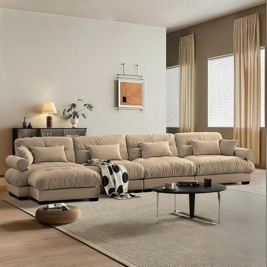 SoarFlash 166" Sectional Couches for Living Room, L Shaped Sofa Couch with Velvet Fabric, 4 Seat Modern Sofa with Ottoman, Removable Pillows for Apartment, Brown