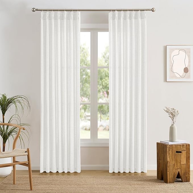 White Linen Pinch Pleated Semi Sheer Curtains 2 Panels 140 Inches Long, Back Tab with Hooks, Window Treatment Curtains for Living Room 42 Inch Wide