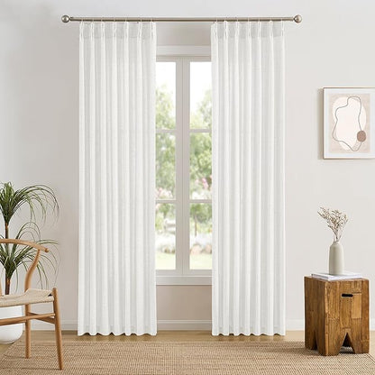 White Linen Pinch Pleated Semi Sheer Curtains 2 Panels 120 Inches Long, Back Tab with Hooks, Window Treatment Curtains for Bedroom Cabin 42 Inch Wide