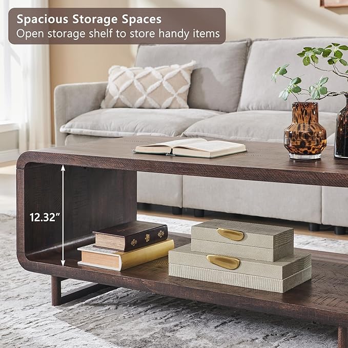 48" Modern Coffee Table, 2-Tier Minimalist Center Table with Storage Shelf, Curved Profile Design, Wooden Rectangular Living Room Table w/Wood Thick Design for Living Room, Office, Brown
