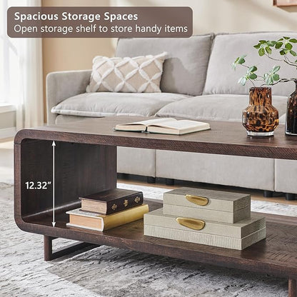 48" Modern Coffee Table, 2-Tier Minimalist Center Table with Storage Shelf, Curved Profile Design, Wooden Rectangular Living Room Table w/Wood Thick Design for Living Room, Office, Brown