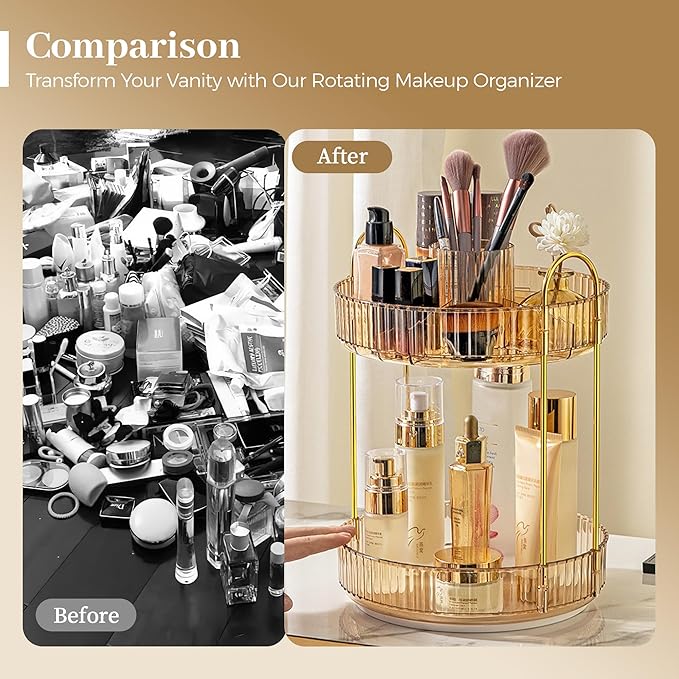 Aveniee 360 Rotating Makeup Organizer for Vanity, Upagraded Perfume Skincare Bathroom Counter Organizers with Brush Divider, Two Tier Spinning Lipstick CosmeticLotion Storage,Gold