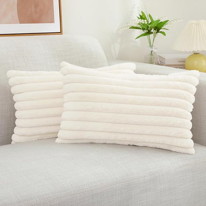 decorUhome Faux Fur Christmas Throw Pillow Covers 12x20 Set of 2, Decorative Soft Plush Striped Neutral Euro Pillow Covers with Velvet Back for Bed, Living Room Home Decor, Cream White